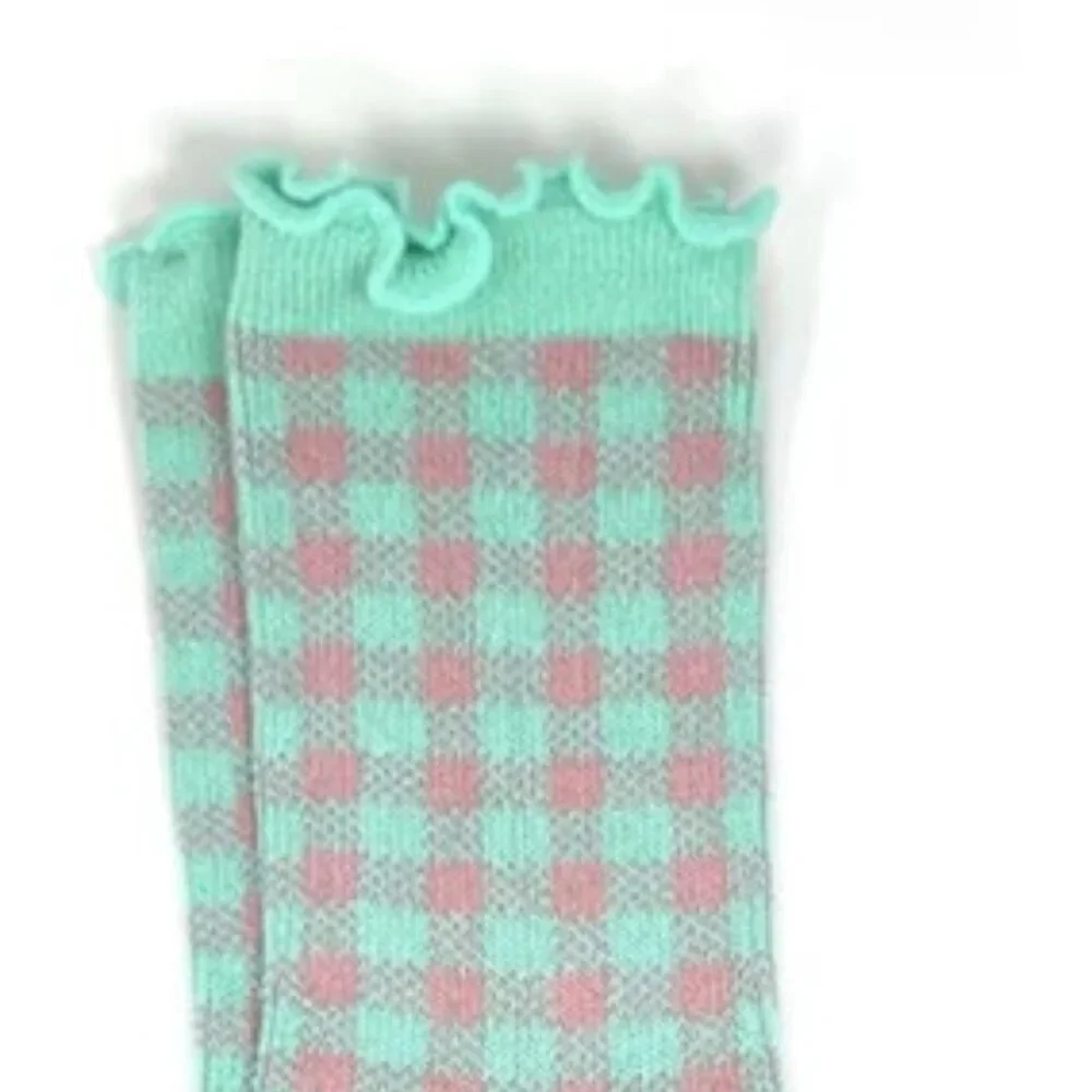 NWT Sweet Cheek Teal Checkered Ruffle Crew Socks - Picture 2 of 5